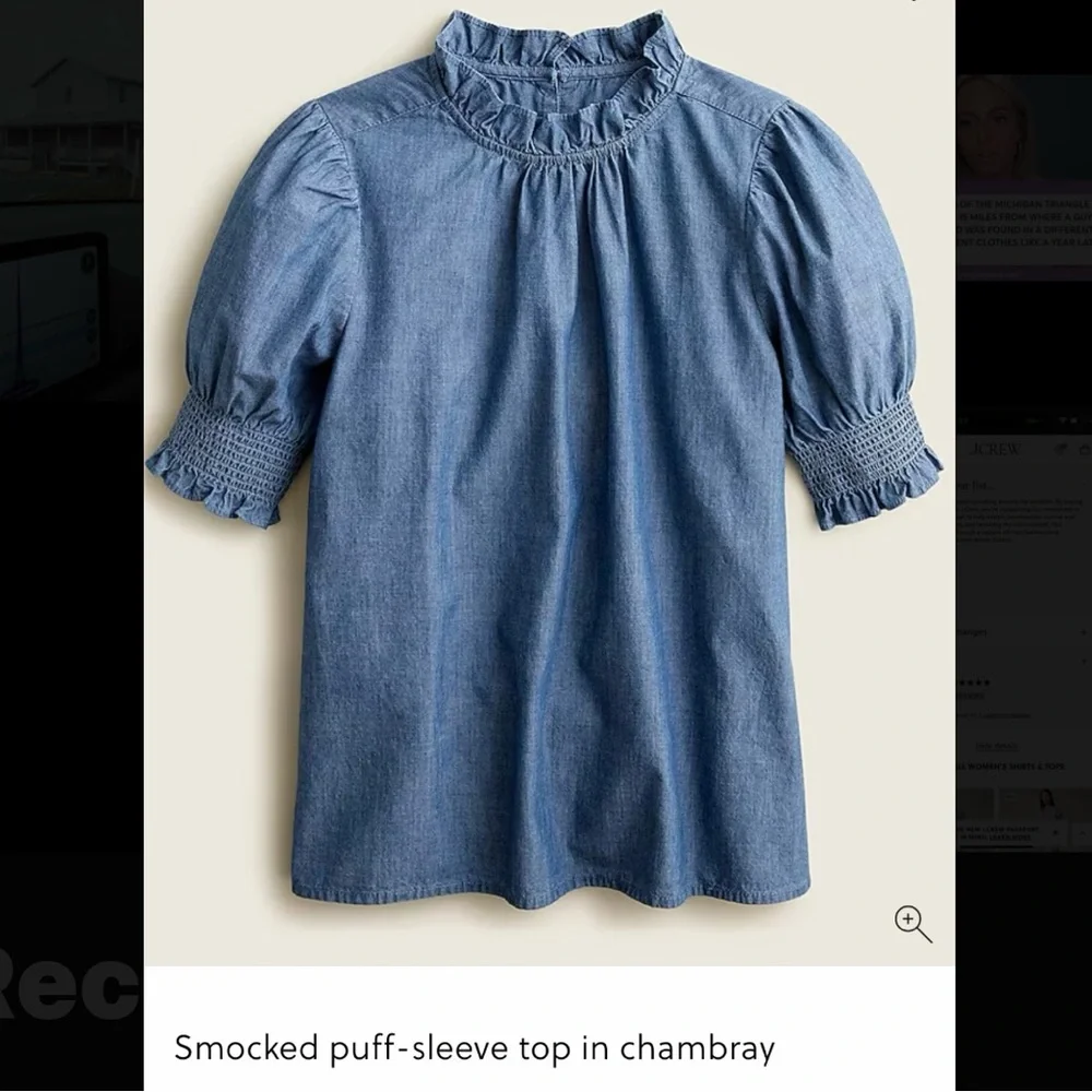 J Crew Smocked Chambray Puff Sleeve Top